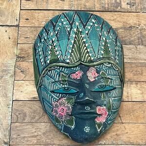 Batik Face Mask Carved Wood Wall Art Black Multicolor Floral Design